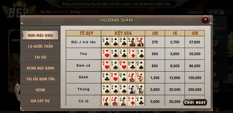 Khám phá trò chơi Mini Mậu Binh được săn đón nhất tại cổng game Thần Tài và B52